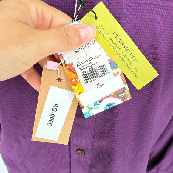 Robert Graham Woven Button Front Long Sleeve Shirt Hearst Houndstooth Berry M - Picture 8 of 10